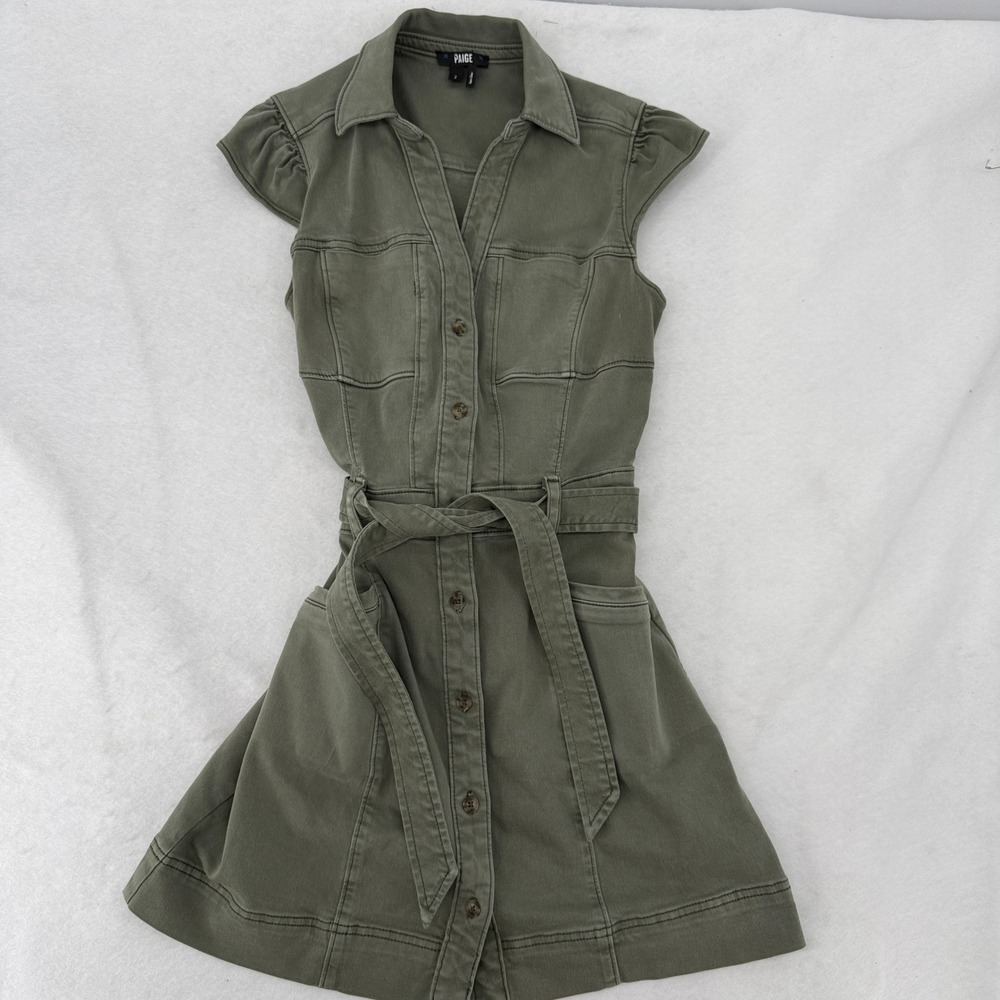 Paige Womens Olive Green Button Front Utility Mini Dress Ruffle Sleeve Size 2 - Picture 7 of 14